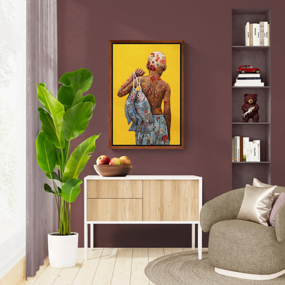 Golden Catch Framed Canvas Quilt-Inspired Folk-Art