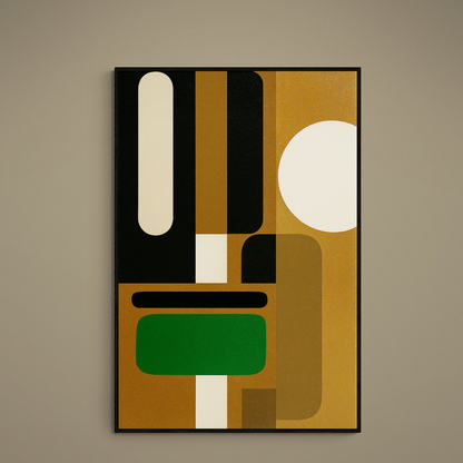Bauhaus matte poster with black and gold-brown bands, cream circle and green rectangle accent
