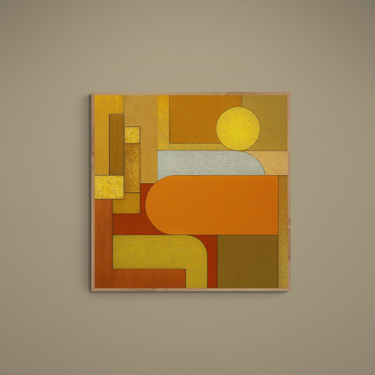 Square abstract geometric poster with orange gold pathways, beige blocks, and sun-like circle motif