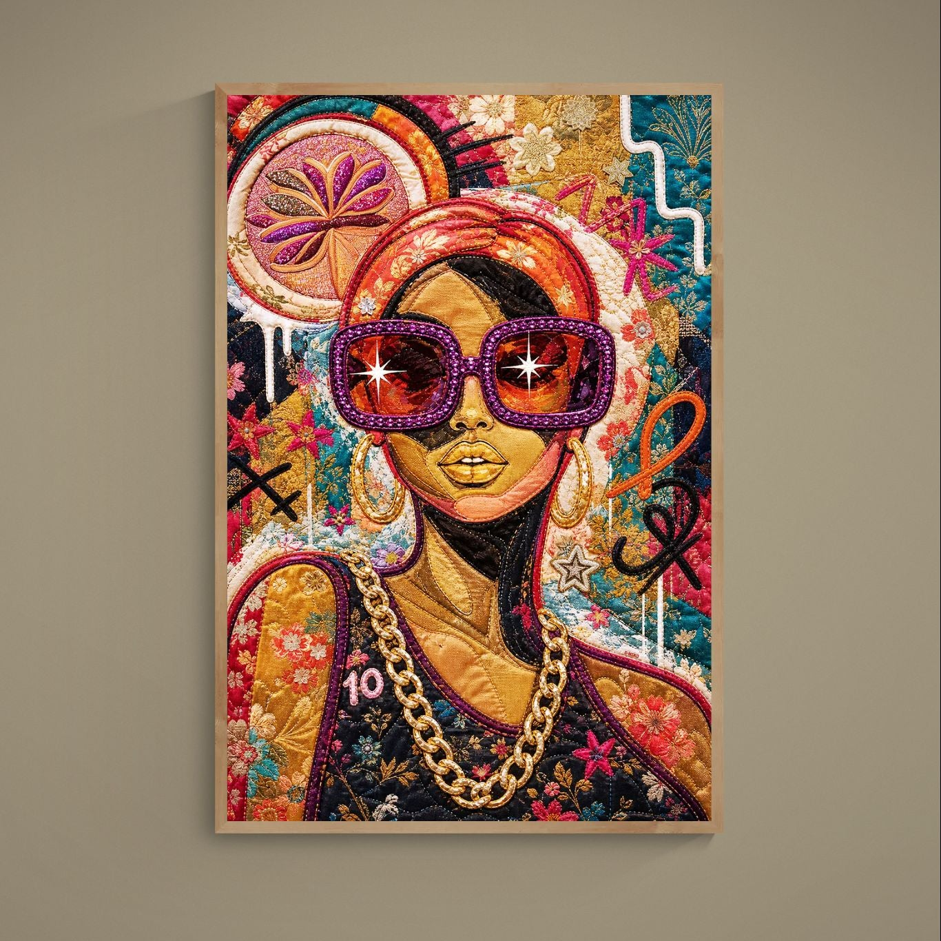 Giclee print poster of a Black woman with purple rhinestone sunglasses, quilt-inspired floral textiles, and gold accents