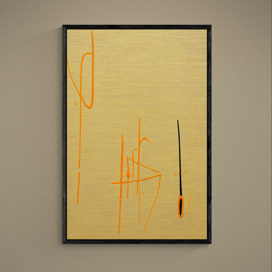 Black-framed vertical abstract canvas on a beige wall, with a textured gold field, sparse orange gestural strokes, and a thin black vertical line ending in a small orange oval outline.