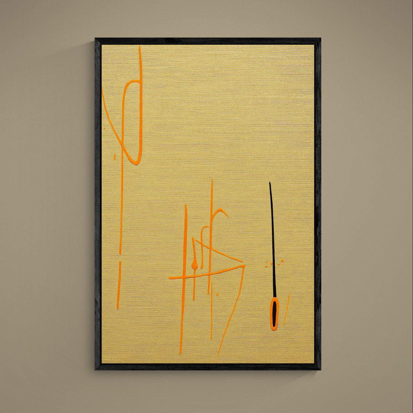 Minimal gold abstract poster with orange linework and a single vertical black mark
