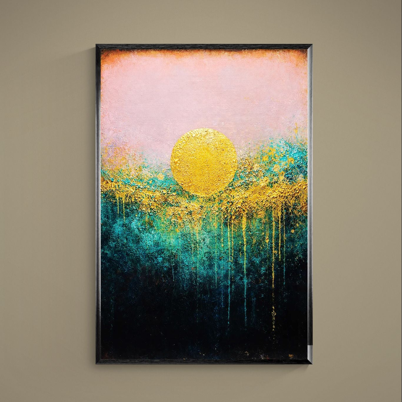 Abstract poster with metallic gold circle, blush pink sky, teal navy base and gold drips