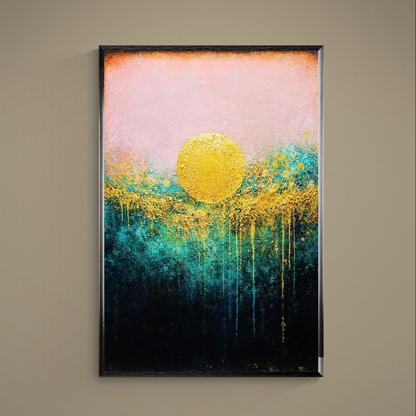 Abstract poster with metallic gold circle, blush pink sky, teal navy base and gold drips