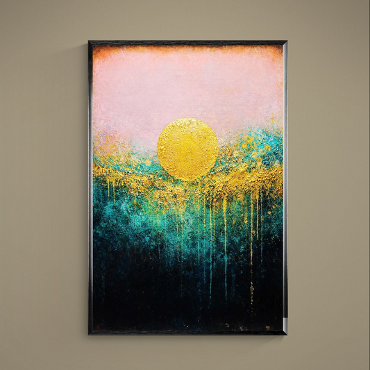 Abstract poster with metallic gold circle, blush pink sky, teal navy base and gold drips