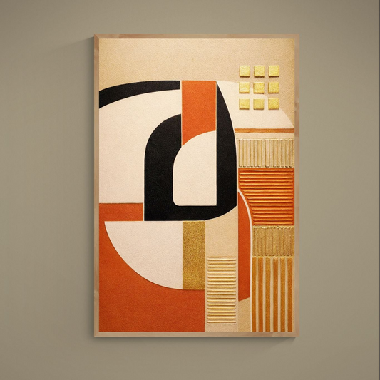 Unframed abstract geometric poster with beige, black, orange and gold architectural arches and stacked blocks