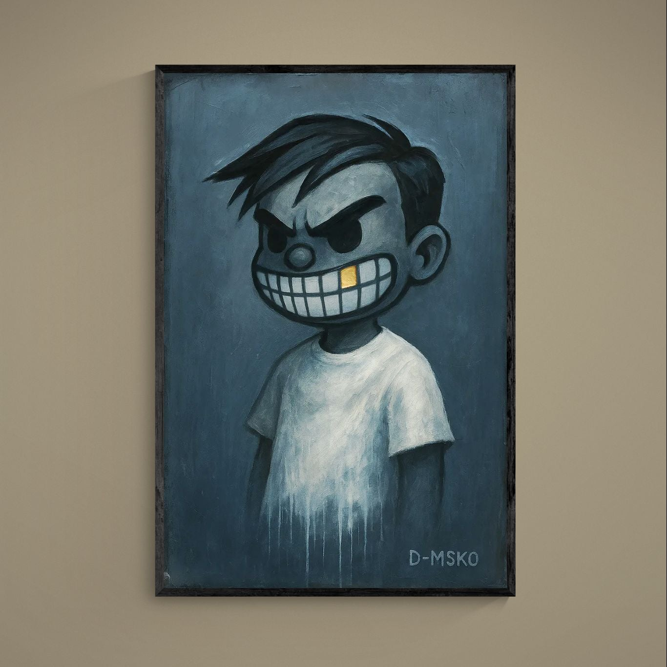 Comic-style blue-gray portrait poster with black outlines, wide grin, gold tooth accent, and D-MSKO signature