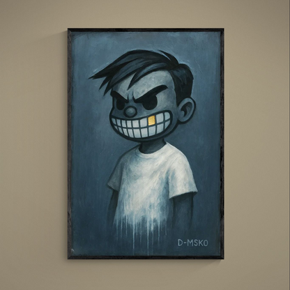 Comic-style blue-gray portrait poster with black outlines, wide grin, gold tooth accent, and D-MSKO signature