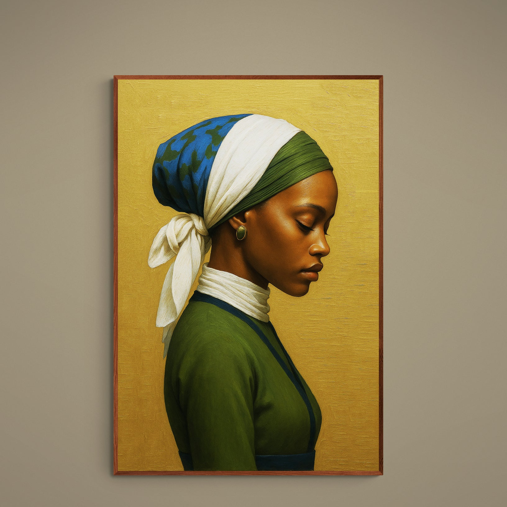 Matte paper poster of a side-profile portrait of a Black woman with blue headscarf and gold textured background