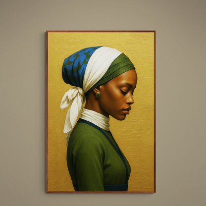 Matte paper poster of a side-profile portrait of a Black woman with blue headscarf and gold textured background
