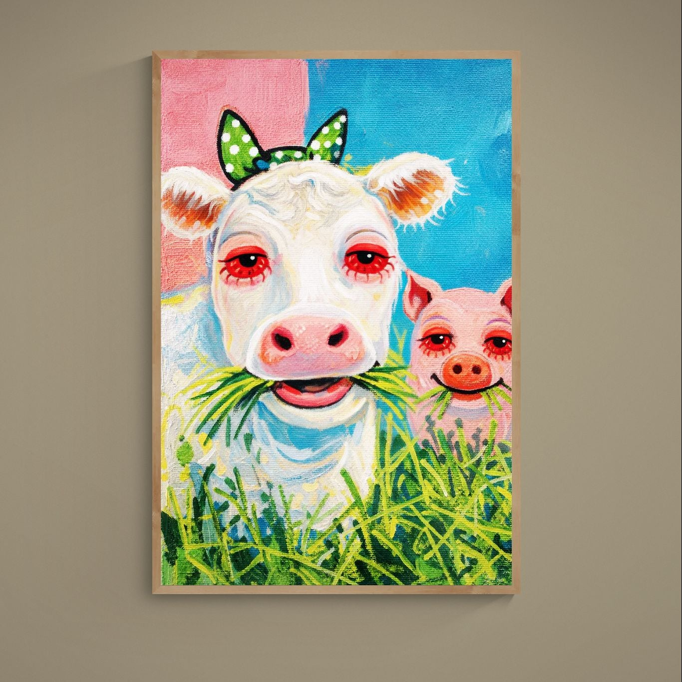 Colorful cow and pig pop art poster with bold outlines and pink polka-dot headscarf