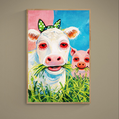 Colorful cow and pig pop art poster with bold outlines and pink polka-dot headscarf
