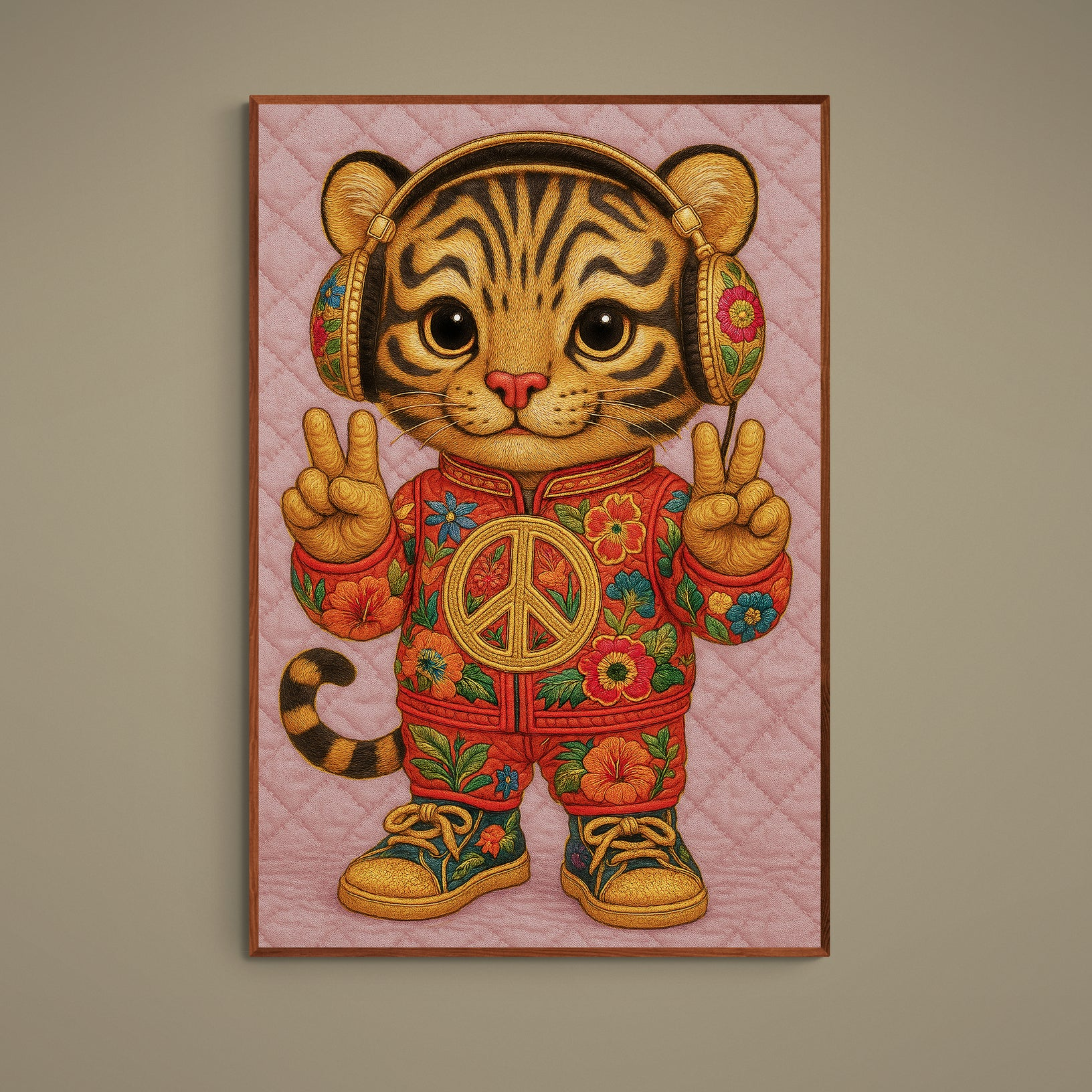 Kawaii tiger wearing headphones flashing peace signs on a quilted pink background