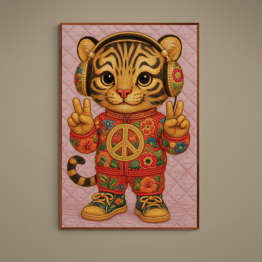 Kawaii tiger wearing headphones flashing peace signs on a quilted pink background