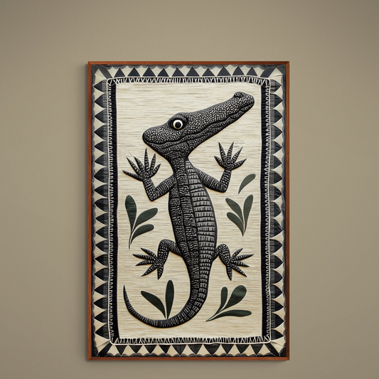 Black folk-art crocodile poster on beige ground with green leaves and geometric border