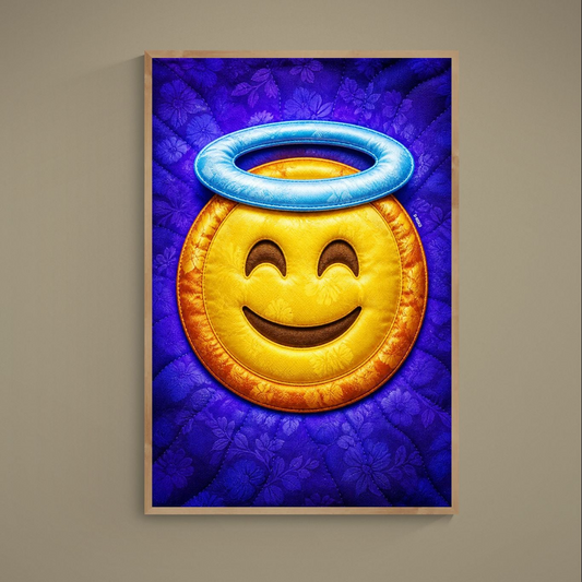 Quilt-inspired pop poster with a gold halo smile emoji on purple floral texture, matte museum-quality paper print, vertical.