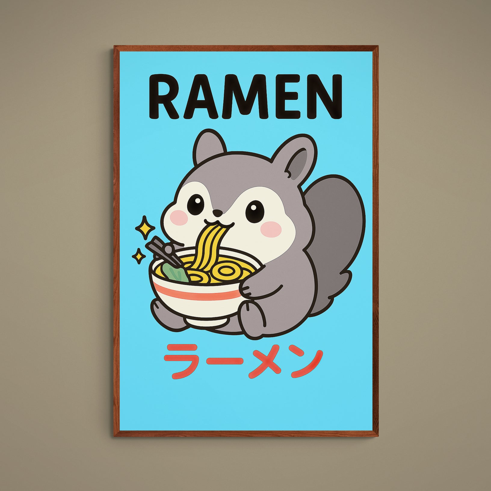 Kawaii gray squirrel eating yellow ramen on turquoise poster with RAMEN text and red katakana lettering