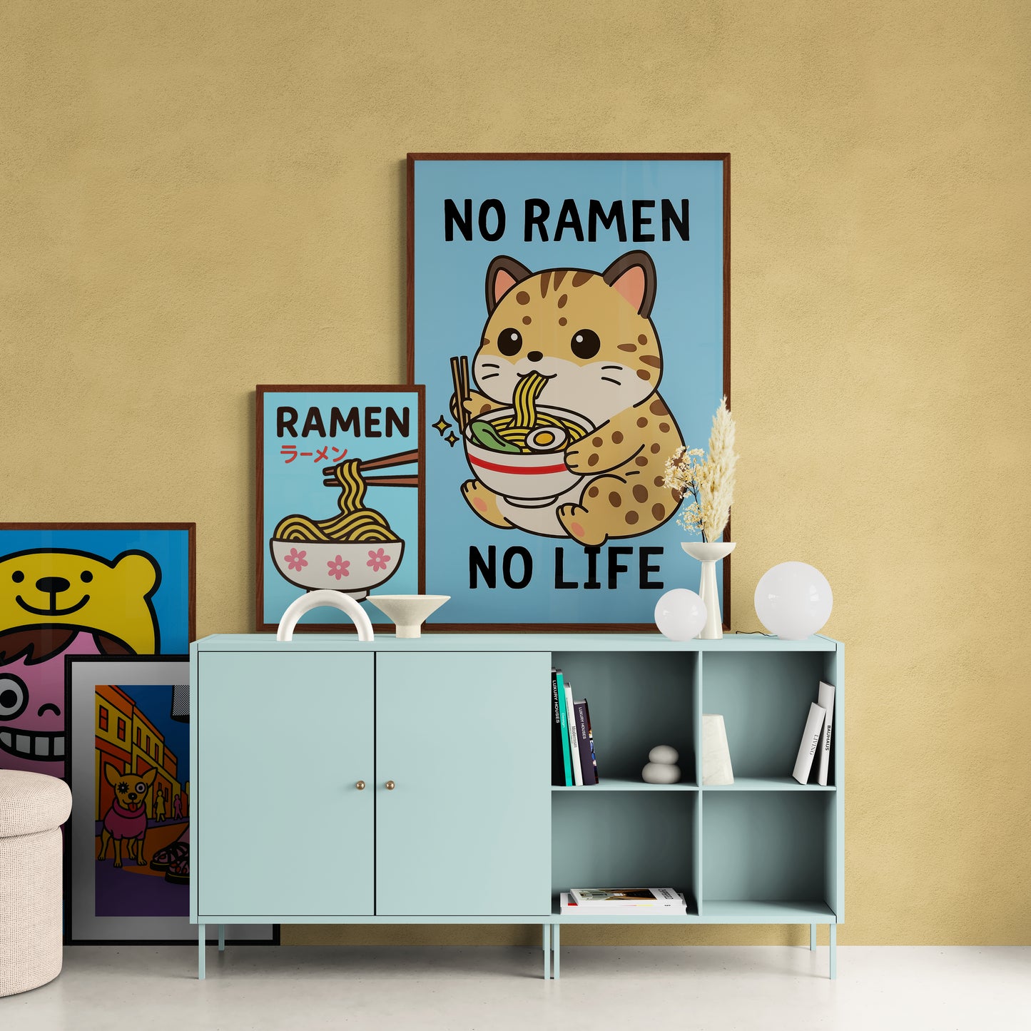 Joyful Ramen Cat Anime Poster On Matte Paper, Kawaii Style