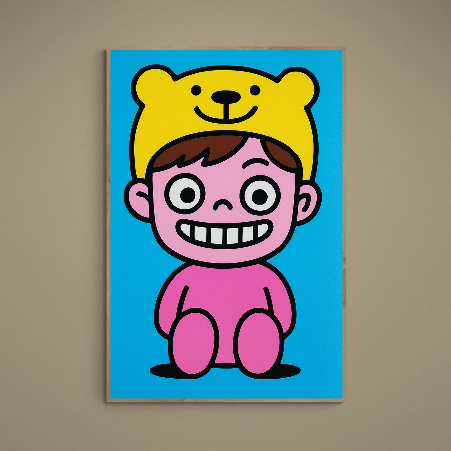 Pink cartoon character wearing yellow bear hat on blue background, unframed pop art poster