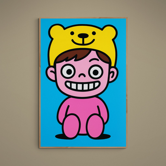 Pink cartoon character wearing yellow bear hat on blue background, unframed pop art poster