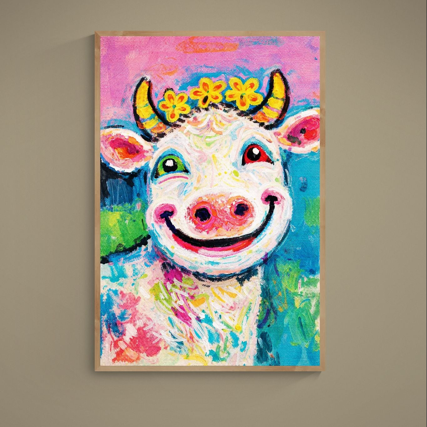 Colorful naïve-pop cow portrait with yellow flower crown on matte poster