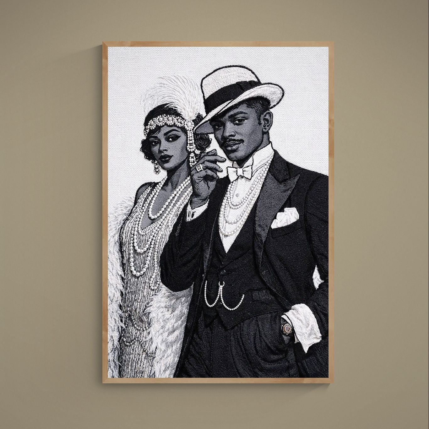 Black-and-white Art Deco poster of a 1920s flapper and tuxedoed man in portrait orientation