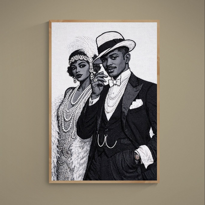 Black-and-white Art Deco poster of a 1920s flapper and tuxedoed man in portrait orientation