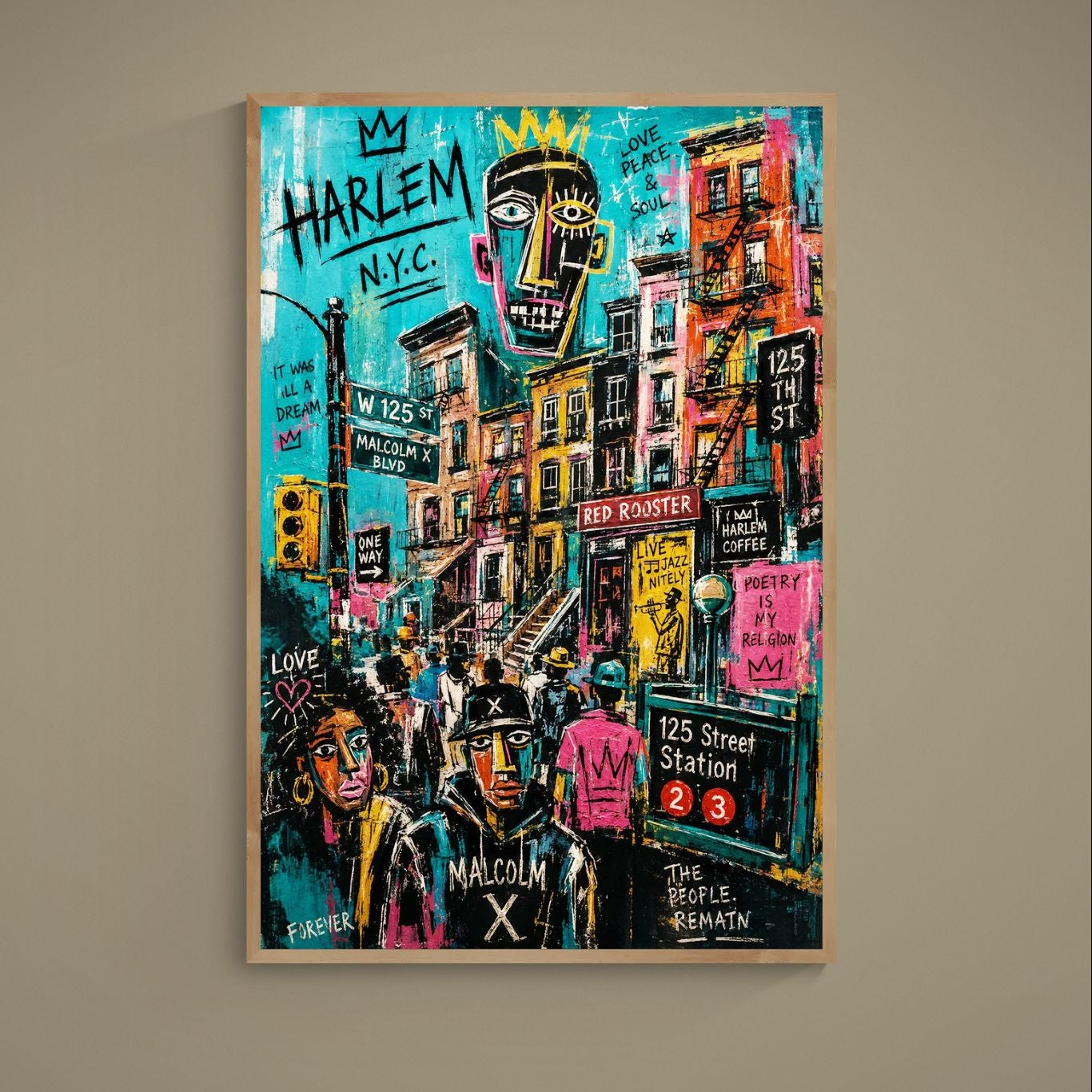 New York City Harlem 125th Street pop art poster, graffiti lettering, crown motifs and brownstones on matte paper, unframed