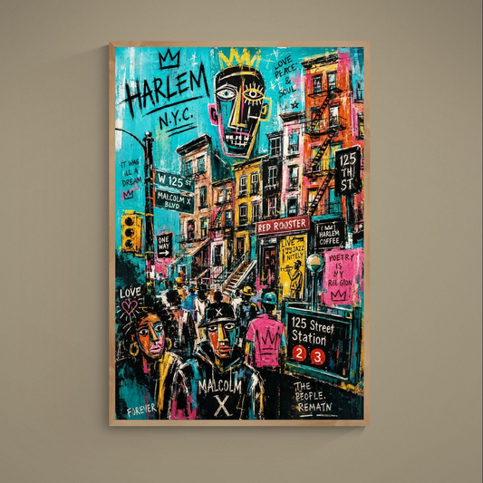 New York City Harlem 125th Street pop art poster, graffiti lettering, crown motifs and brownstones on matte paper, unframed