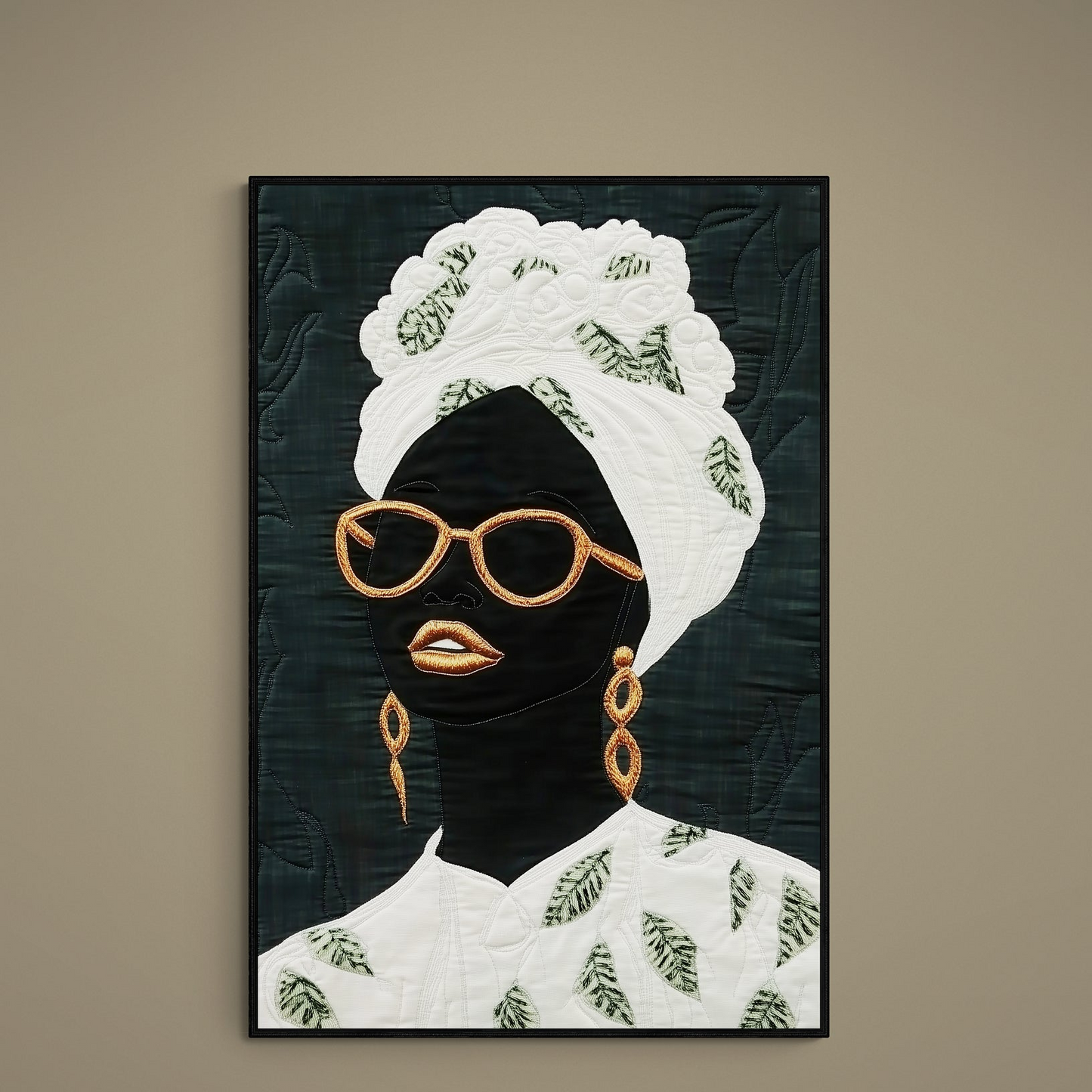 Afrocentric black silhouette portrait with white leaf headwrap, green motifs, and gold sunglasses on matte poster