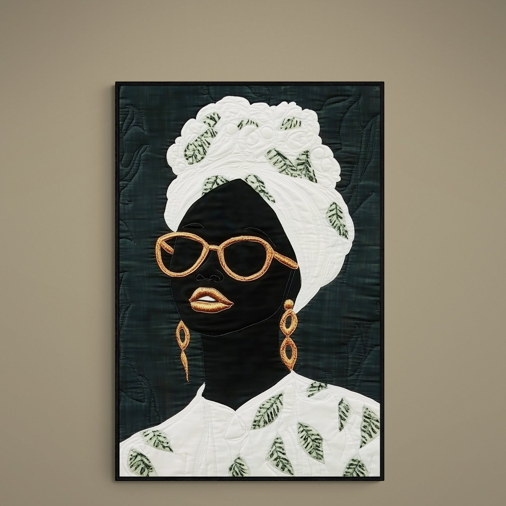 Afrocentric black silhouette portrait with white leaf headwrap, green motifs, and gold sunglasses on matte poster
