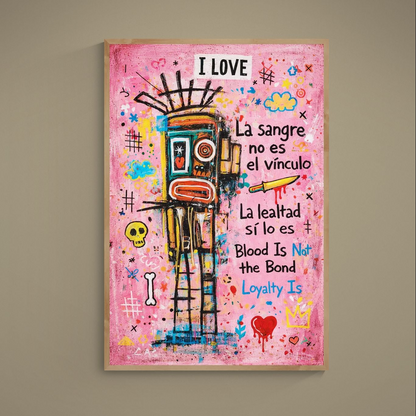 Pink street art poster with primitive figure, bilingual text, skull, heart, crown and graffiti marks