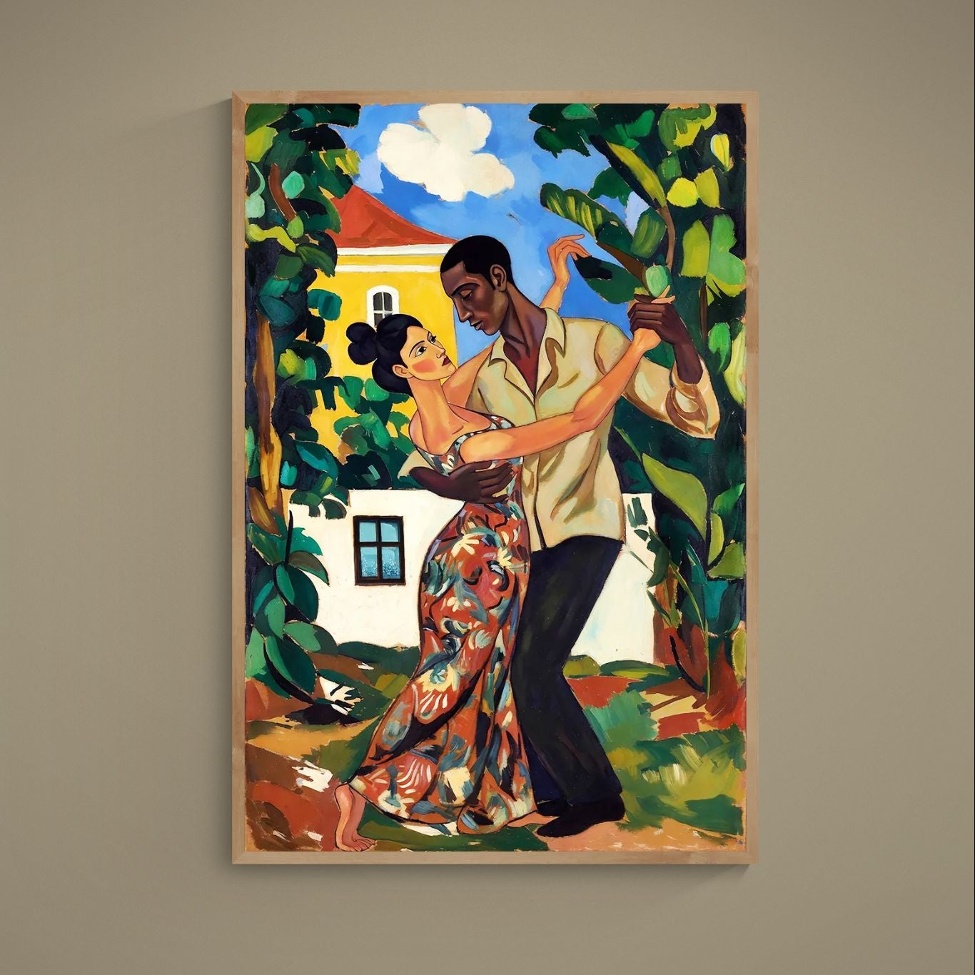 Fauvist Caribbean poster of a dancing couple with tropical foliage and bright colonial-style architecture