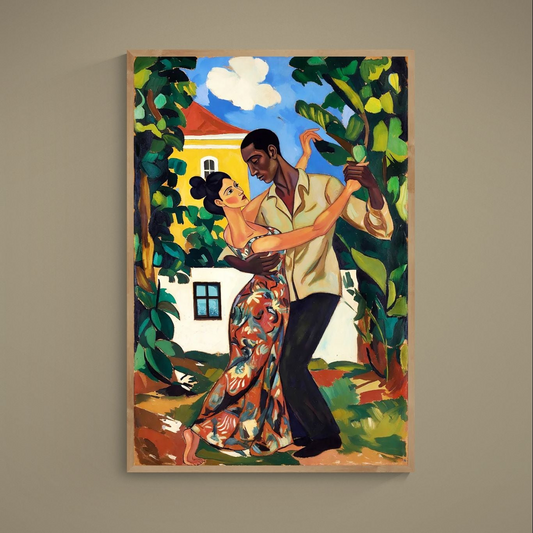 Fauvist Caribbean poster of a dancing couple with tropical foliage and bright colonial-style architecture