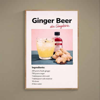 Retro ginger beer poster with iced drink, cola essence bottle, fresh ginger and recipe text on pink background