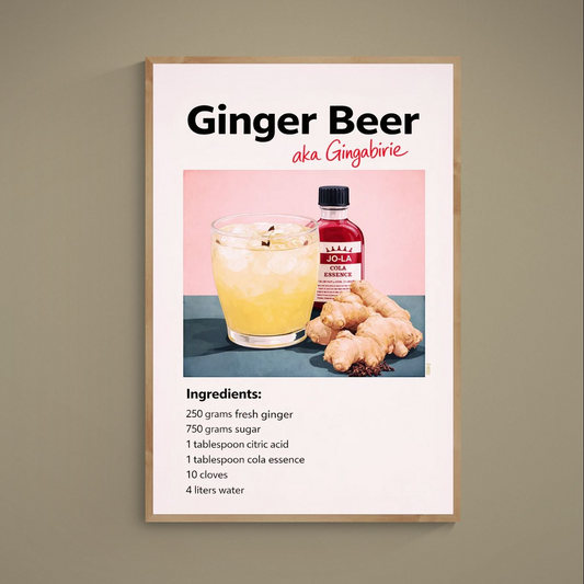 Retro ginger beer poster with iced drink, cola essence bottle, fresh ginger and recipe text on pink background