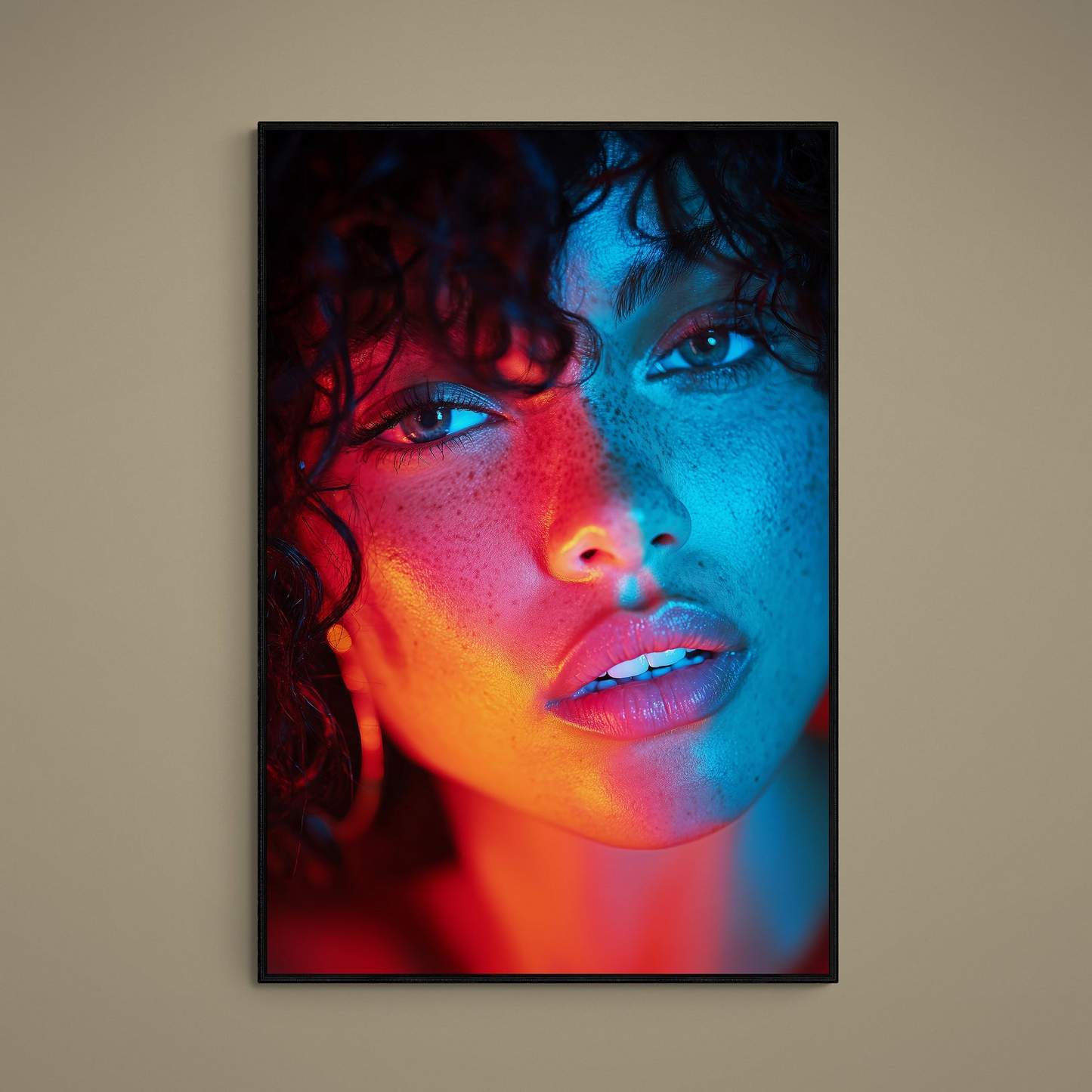 Unframed neon-noir female portrait poster with red and blue split lighting and visible freckles