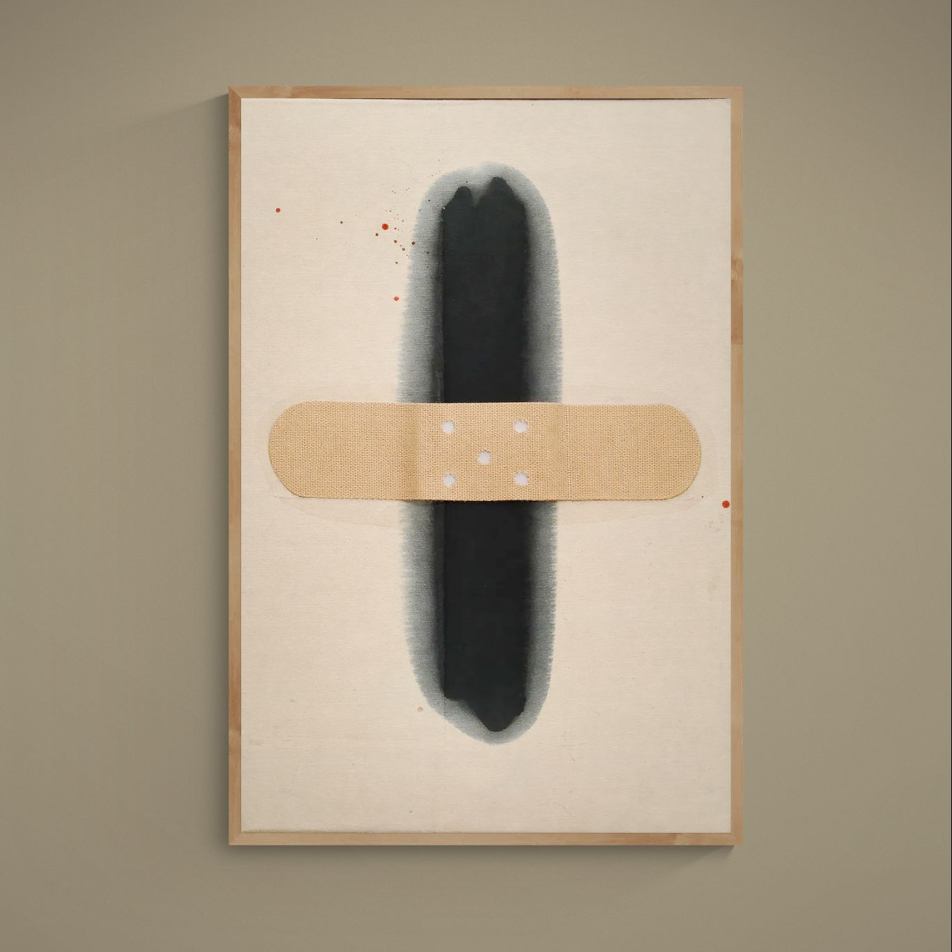 Minimal abstract poster with black brushstroke, tan bandage motif, red splatters, and beige textured ground