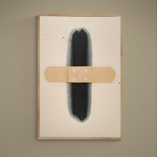 Minimal abstract poster with black brushstroke, tan bandage motif, red splatters, and beige textured ground