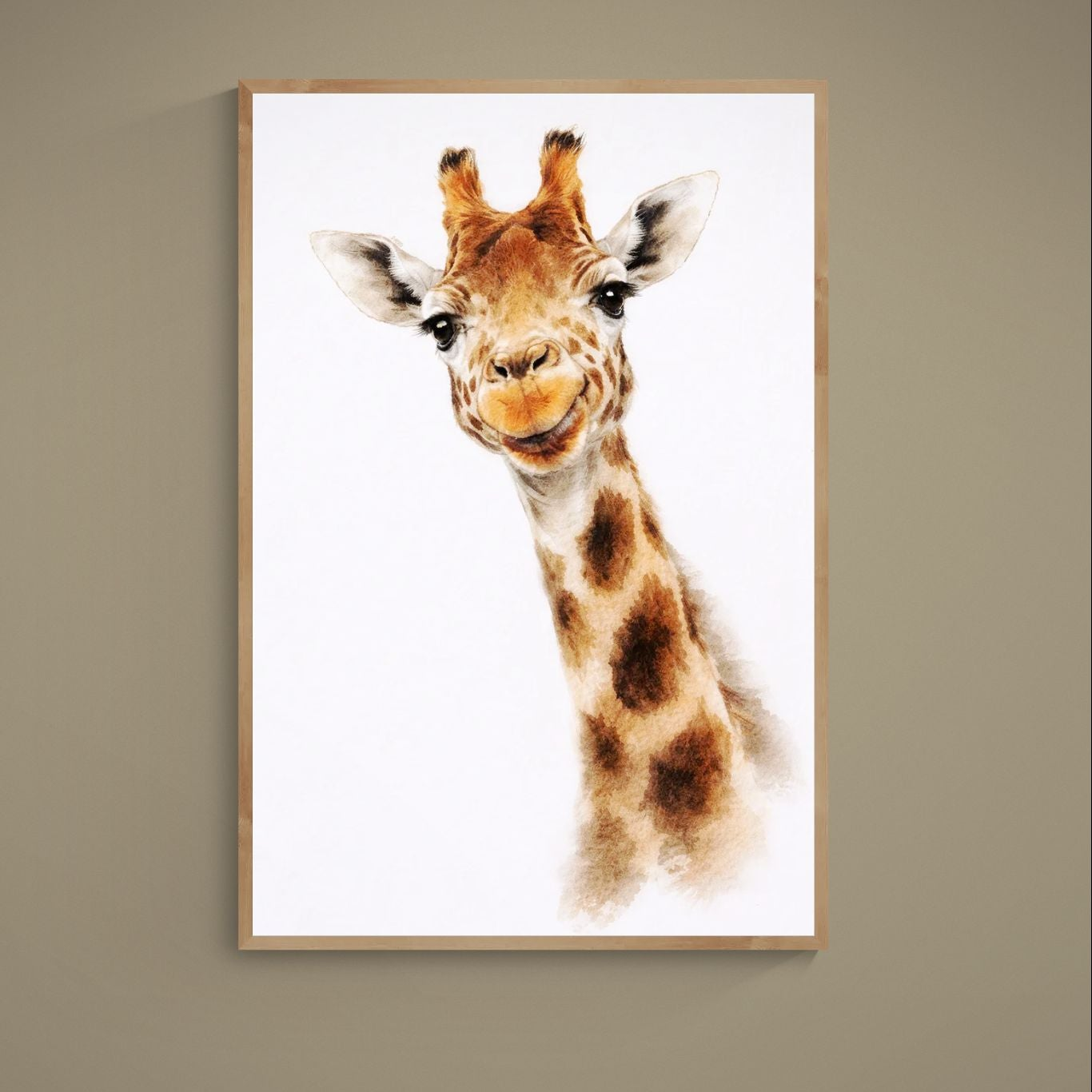 Watercolor giraffe head and neck portrait on white background, unframed matte paper poster