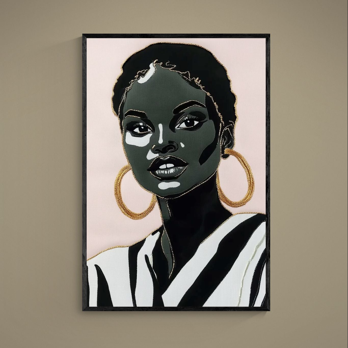 Graphic portrait of a Black woman on blush pink background with gold hoop earring, matte paper poster
