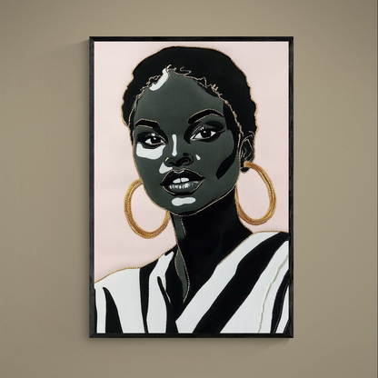Graphic portrait of a Black woman on blush pink background with gold hoop earring, matte paper poster