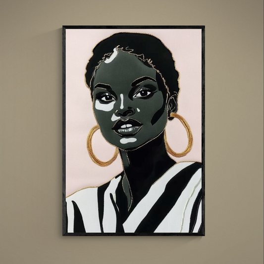 Graphic portrait of a Black woman on blush pink background with gold hoop earring, matte paper poster