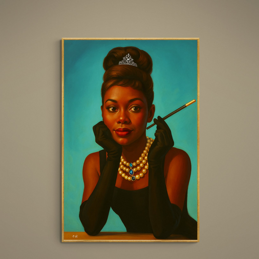 Portrait poster of an elegant Black woman in black dress, pearls, tiara, and opera gloves on turquoise background