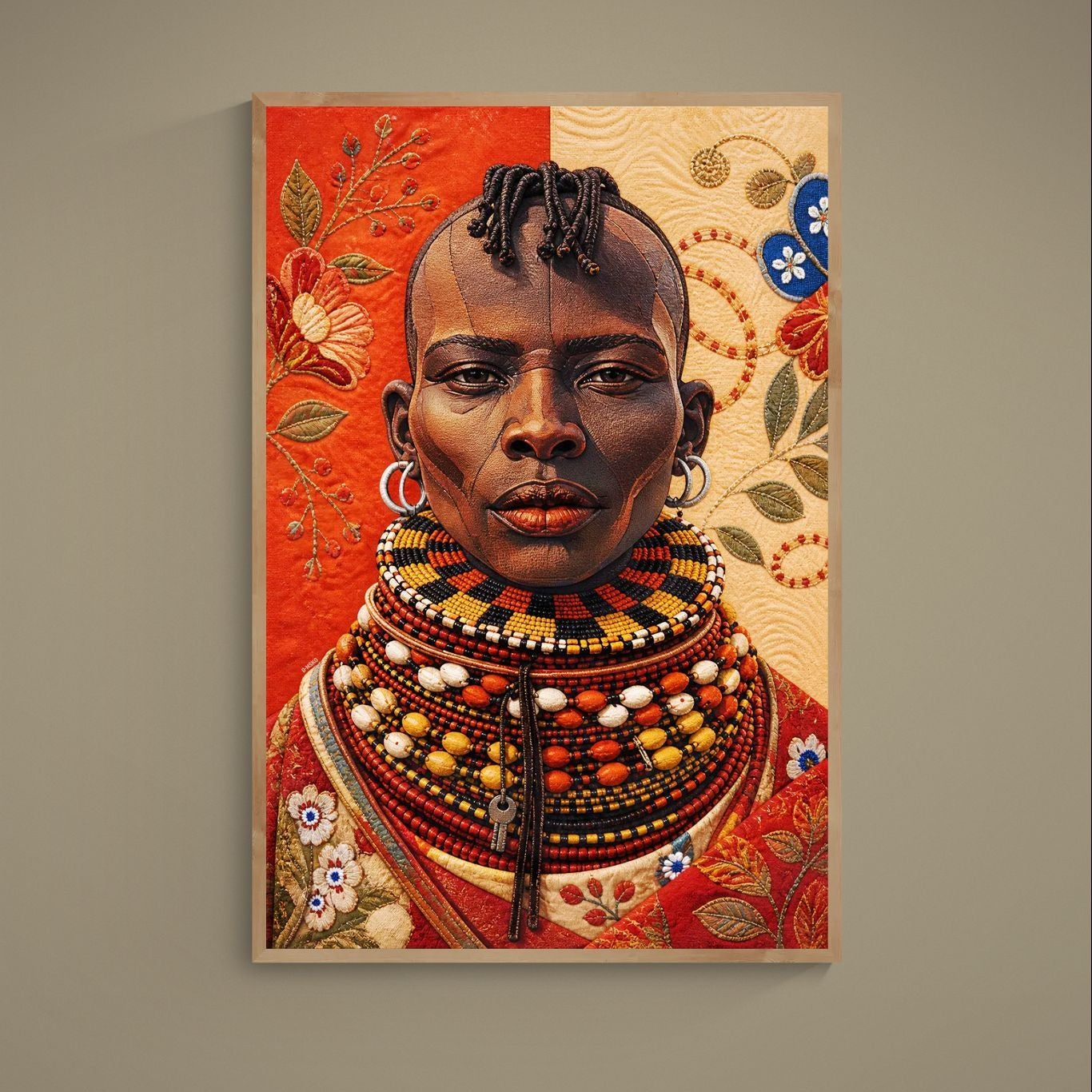 Bedroom decor matte poster of a Black woman with quilt-style motifs, beaded necklaces and cowrie shells in red and beige.