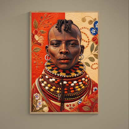 Bedroom decor matte poster of a Black woman with quilt-style motifs, beaded necklaces and cowrie shells in red and beige.