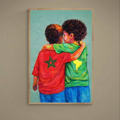 Expressionist poster of two children embracing with Moroccan star shirt and Africa silhouette shirt