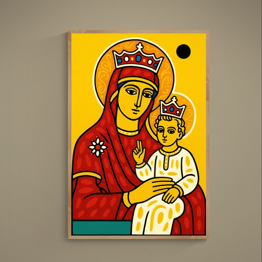 Pop-art Madonna and Child poster with crowned halos, red robes, black outlines, and yellow background