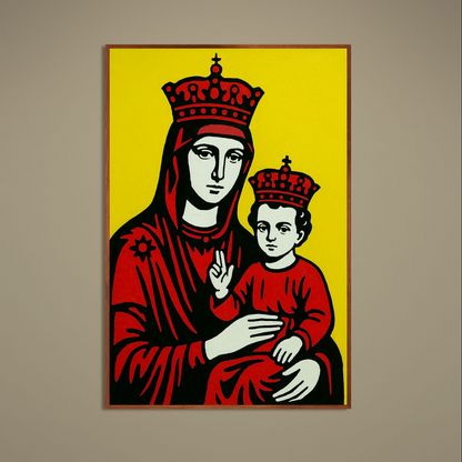 Pop-art Madonna and Child poster with yellow background, red robes, crowns and bold black outlines