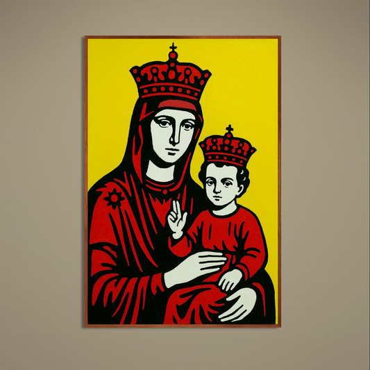 Pop-art Madonna and Child poster with yellow background, red robes, crowns and bold black outlines